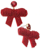 Holiday Lane Gold-Tone Red Glass Seed Bead Ribbon Bow Drop Earrings