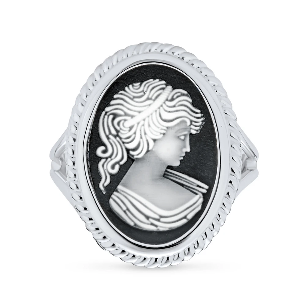 Bling Jewelry Classic Antique Victorian Style Women Portrait Black White Oval Carved Cameo Ring For Sterling Silver