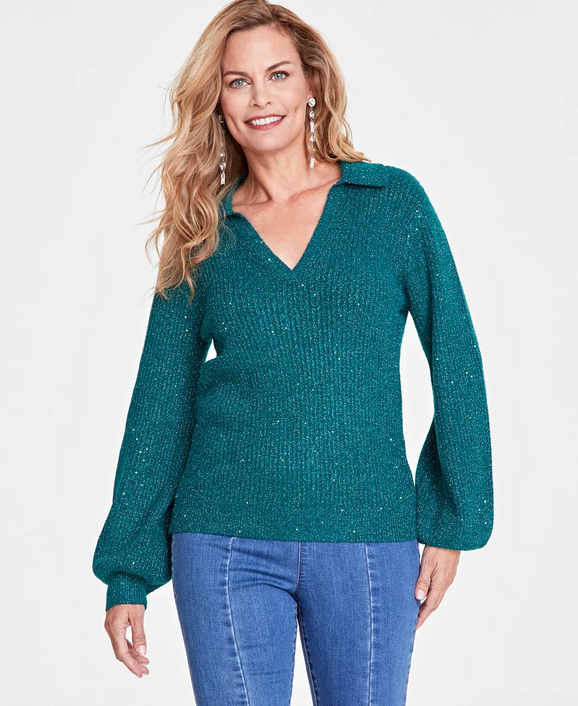 I.n.c. International Concepts Women's Sequin-Embellished Collared Long-Sleeve Sweater, Created for Macy's