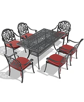 Simplie Fun 6-Seater Cast Aluminum Table and Chair Set with Stackable Design and Cushions