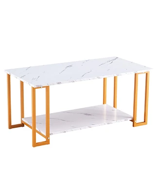 Simplie Fun Elegant Faux Marble Coffee Table with Gold Metal Legs and Ample Storage Space