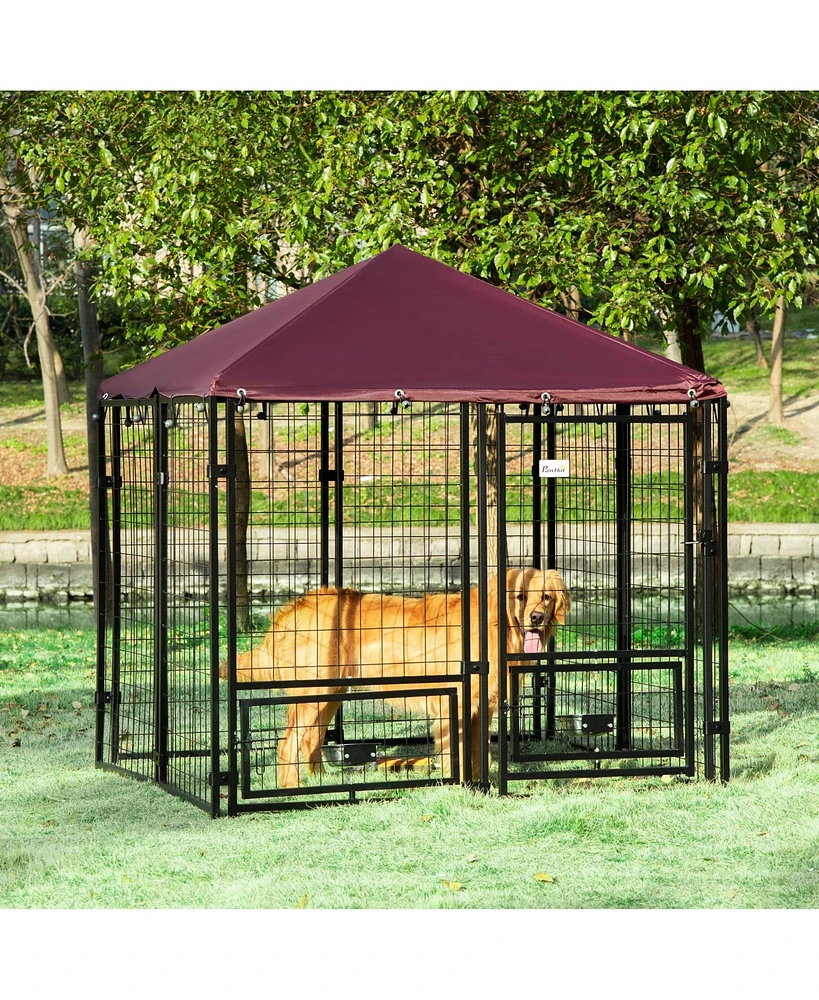 Simplie Fun Shady Roof Dog Playpen with Rotatable Bowls and Walk-in Design