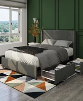 Streamdale Furniture Anna Queen Size Gray Linen Upholstered Wingback Platform Bed with Patented 4 Drawers Storage, Modern Design Headboard with Tight