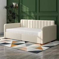 Streamdale Furniture Flora Upholstered Daybed with 2 Drawers, Twin, Ivory Velvet, Ribbed Tufted Backrest, Daybed in Lavish Modern Design