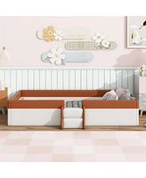 Simplie Fun Twin Size Upholstered Daybed Frame with Fence and Stairs,(Brown+White)