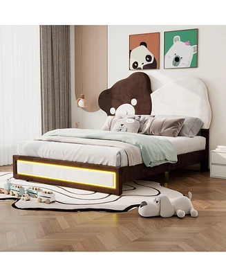 Simplie Fun Full Size Upholstered Platform Bed with Bear Shaped Headboard, Led Light Strips, White + Brown