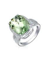 Bling Jewelry 6CT Cushion Cut Zircon Accented Light Green Solitaire Statement Natural Prasiolite Ring For Women Sterling Silver Split Shank