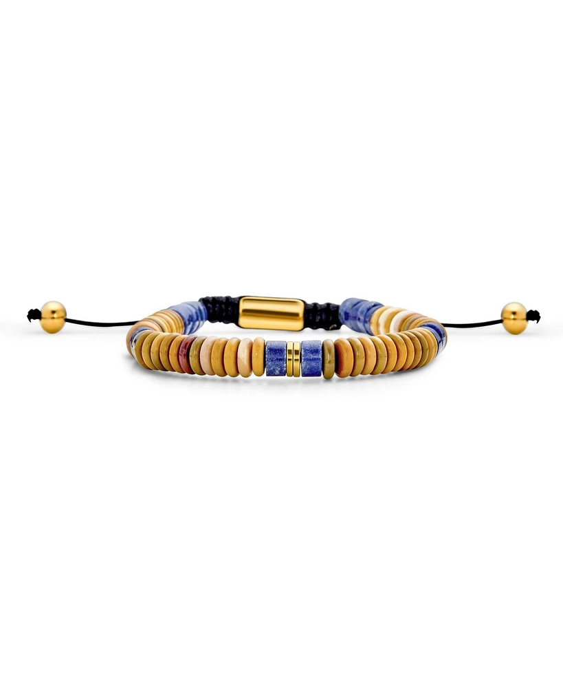 Bling Jewelry Boho Blue Natural Sodalite Tan Jasper Chakra Stacking Bolo Bracelet Gold Plated Stainless Steel Spacers Rondel Tube Bead Adjustable Cord