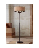 Tremont Modern Mid Century Floor Lamp Standing 62" Tall Deep Bronze Metal Tan Burlap Drum Shade for Living Room Reading Bedroom Office House Home Deco