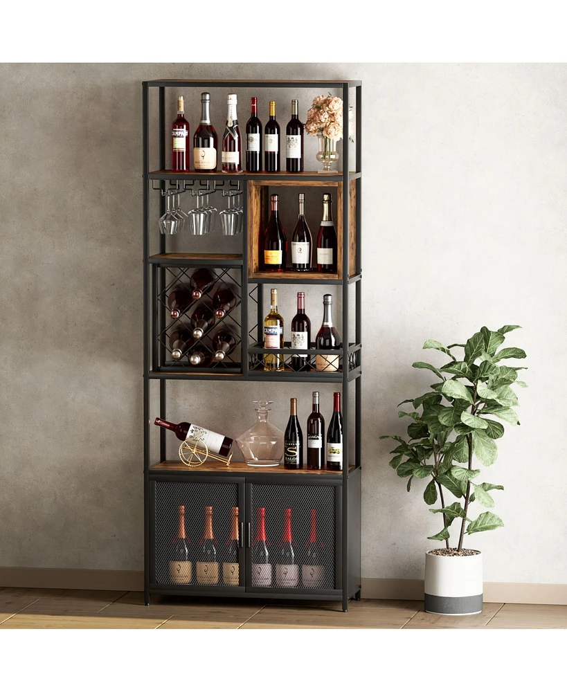 Simplie Fun 82.7” Industrial Black Bar Cabinet with Wine Rack, Glass Holder, and Storage