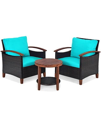 Gymax 3PCS Patio Wicker Rattan Conversation Set Outdoor Furniture Set w/ Turquoise Cushion