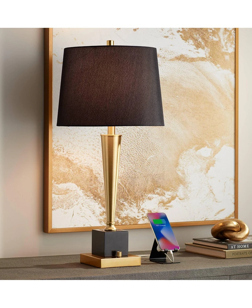 Possini Euro Design Wayne 29 1/4" Tall Modern Glam Luxury End Table Lamp Usb Port Brass Finish Metal Black Marble Single Living Room Charging Bedroom