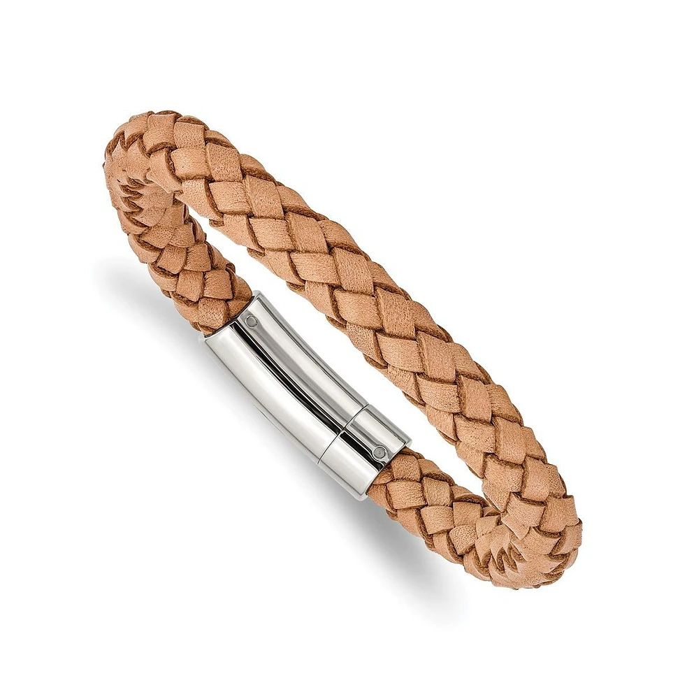 Chisel Stainless Steel Polished Light Tan Braided Leather Bracelet