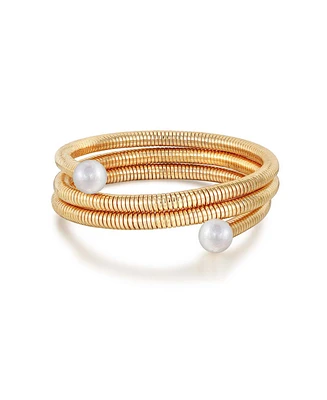 Ettika Cultivated Pearl Spring Band Flex 18k Gold Plated Cuff Bracelet