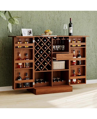 Simplie Fun Extendable Rattan Door Bar Cabinet with Wine and Glass Storage