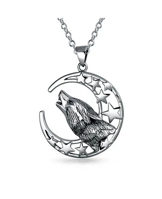 Bling Jewelry Large Totem Amulet Wicca Jewelry Crescent Moon And Stars Pendant Werewolf Howling Wolf Necklace For Men For Women Oxidized .925 Sterling