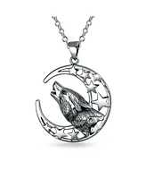 Bling Jewelry Large Totem Amulet Wicca Jewelry Crescent Moon And Stars Pendant Werewolf Howling Wolf Necklace For Women Oxidized Sterling Silver