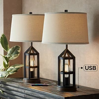 Franklin Iron Works Lucas Western Table Lamps 26" High Set of 2 with Usb Charging Port and Nightlight Led Bronze Metal Oatmeal Drum Shade for Living R
