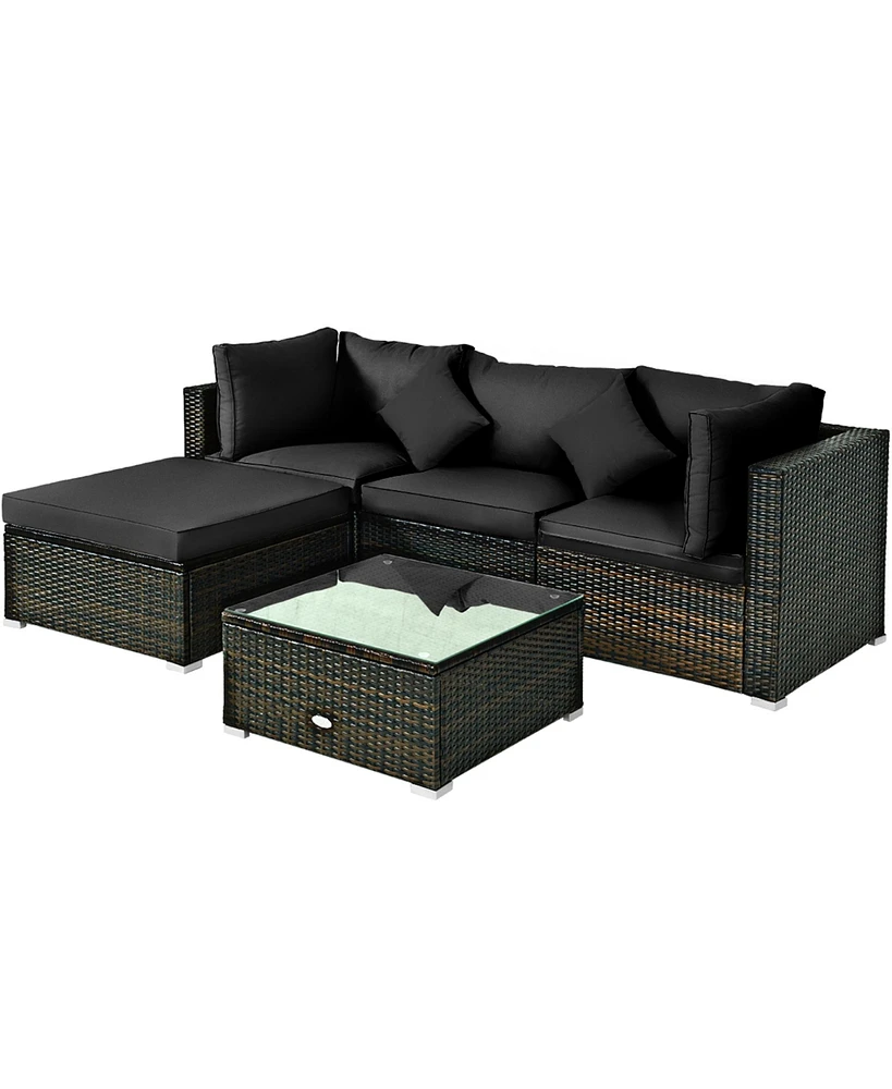 Gymax 5PCS Rattan Patio Conversation Set Outdoor Furniture Set w/ Ottoman Black Cushion