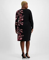 Kasper Plus Floral-Print Side-Pleat Sheath Dress