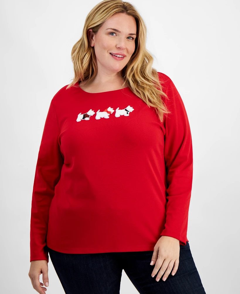 Holiday Lane Plus Scottie Walk Long-Sleeve Top, Created for Macy's