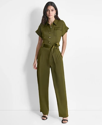 Dkny Women's Tie-Waist Button-Front Short-Sleeve Utility Jumpsuit