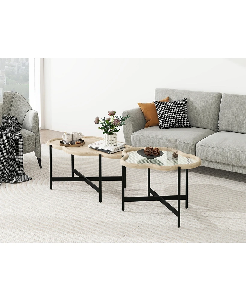 Simplie Fun Cloud Shape Coffee Table Set with Crossed Legs and Natural Wood Veneer