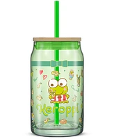 JoyJolt Hello Kitty and Friends Favorite Flavor Keroppi Can Shaped Glass Tumbler with Wood Lid and Straw