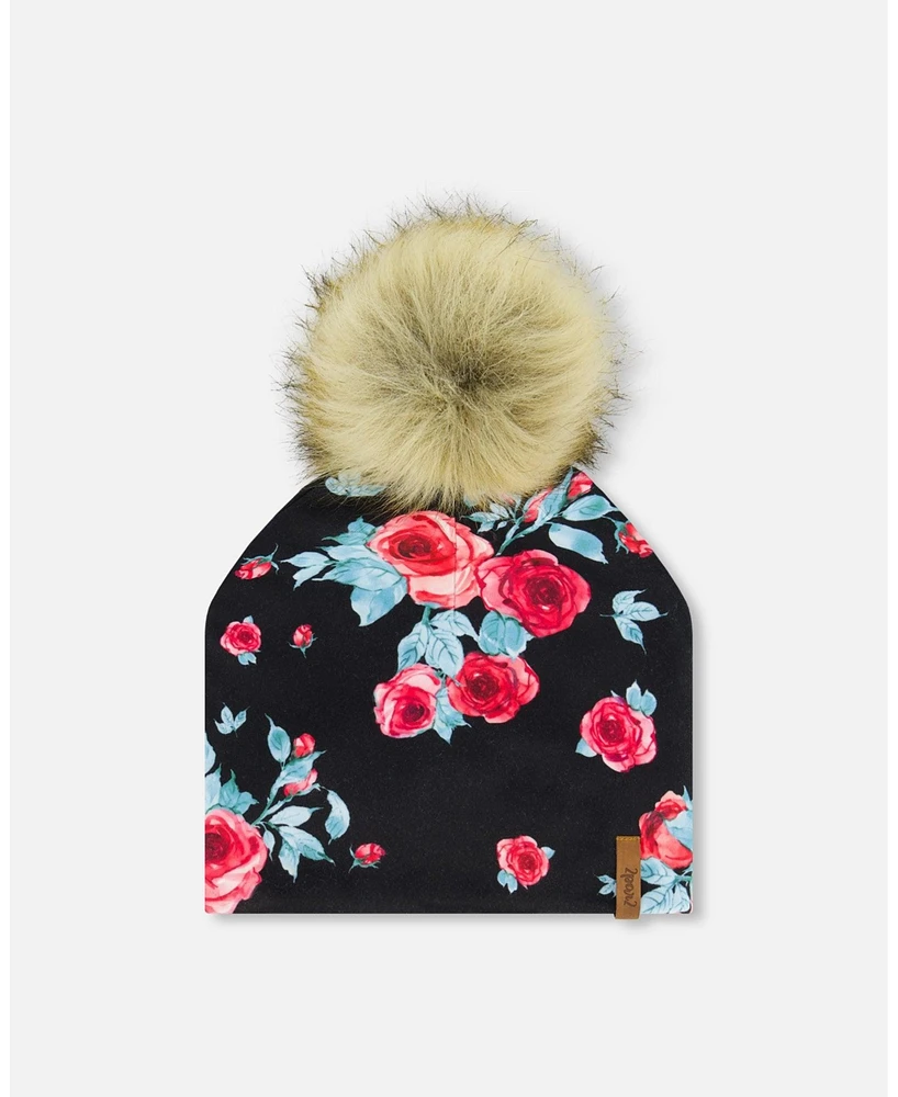 Deux par Deux Baby Girls Baby Mid-Season Jersey Detachable Pompom Hat Black Printed Roses