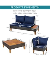 Gymax 4PCS Acacia Wood Patio Furniture Set Rattan Conversation Set w/ Navy Cushions - Navy+mix reddish