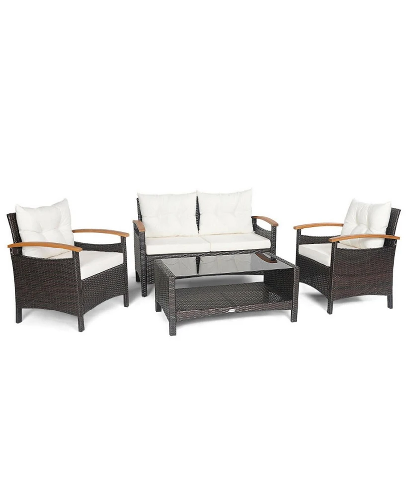 Sugift 4 Pieces Patio Rattan Furniture Set with Cushioned Sofa and Storage Table