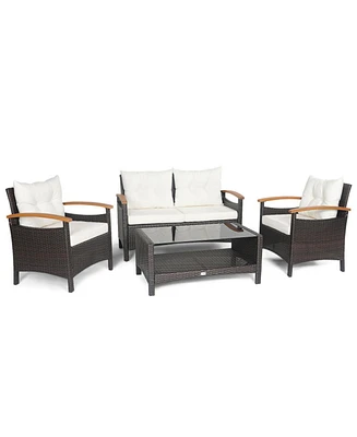 Sugift 4 Pieces Patio Rattan Furniture Set with Cushioned Sofa and Storage Table