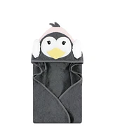 Hudson Baby Infant Girl Cotton Animal Face Hooded Towel, Earmuff Penguin, One Size