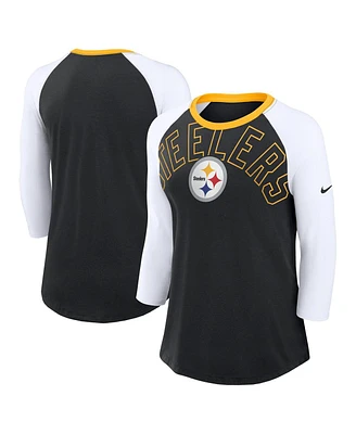 Nike Women's Black/White Pittsburgh Steelers Knockout Arch Raglan Tri-Blend 3/4-Sleeve T-Shirt