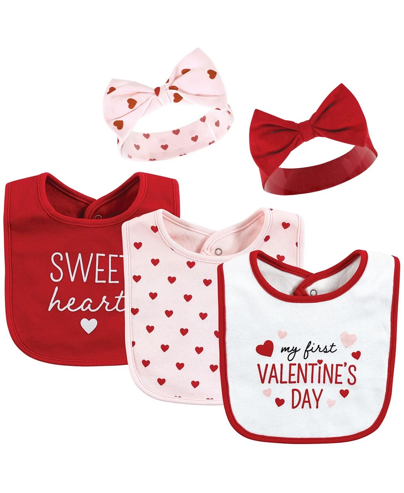 Hudson Baby Infant Girl Cotton Bib and Headband or Caps Set, Valentine Sweetheart, One Size