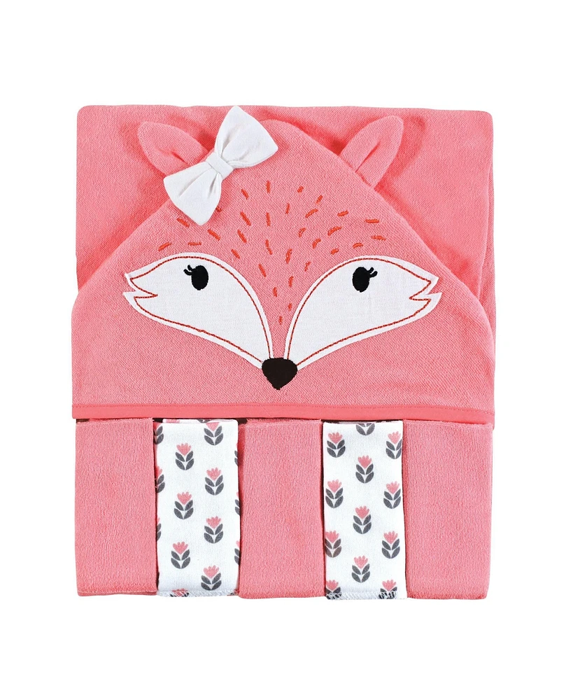 Hudson Baby Infant Girl Hooded Towel and Five Washcloths Set, Girl Foxes, One Size