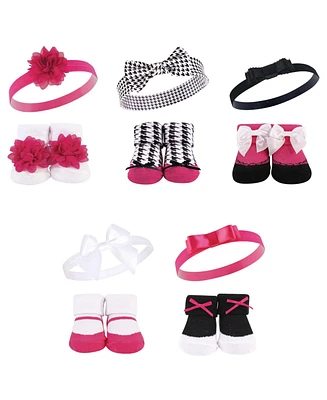 Hudson Baby Girls 12Pc Headband and Socks Set, Pink Gray Red Sequin, 0-9 Months