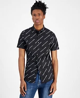 A|X Armani Exchange Men's Stretch Short Sleeve Button-Front Logo Print Shirt, Created for Macy's