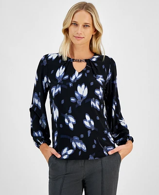 Anne Klein Women's Printed Keyhole Blouson-Sleeve Blouse