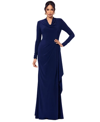 Betsy & Adam Women's Cowlneck Draped Long-Sleeve Gown