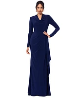 Betsy & Adam Women's Cowlneck Draped Long-Sleeve Gown