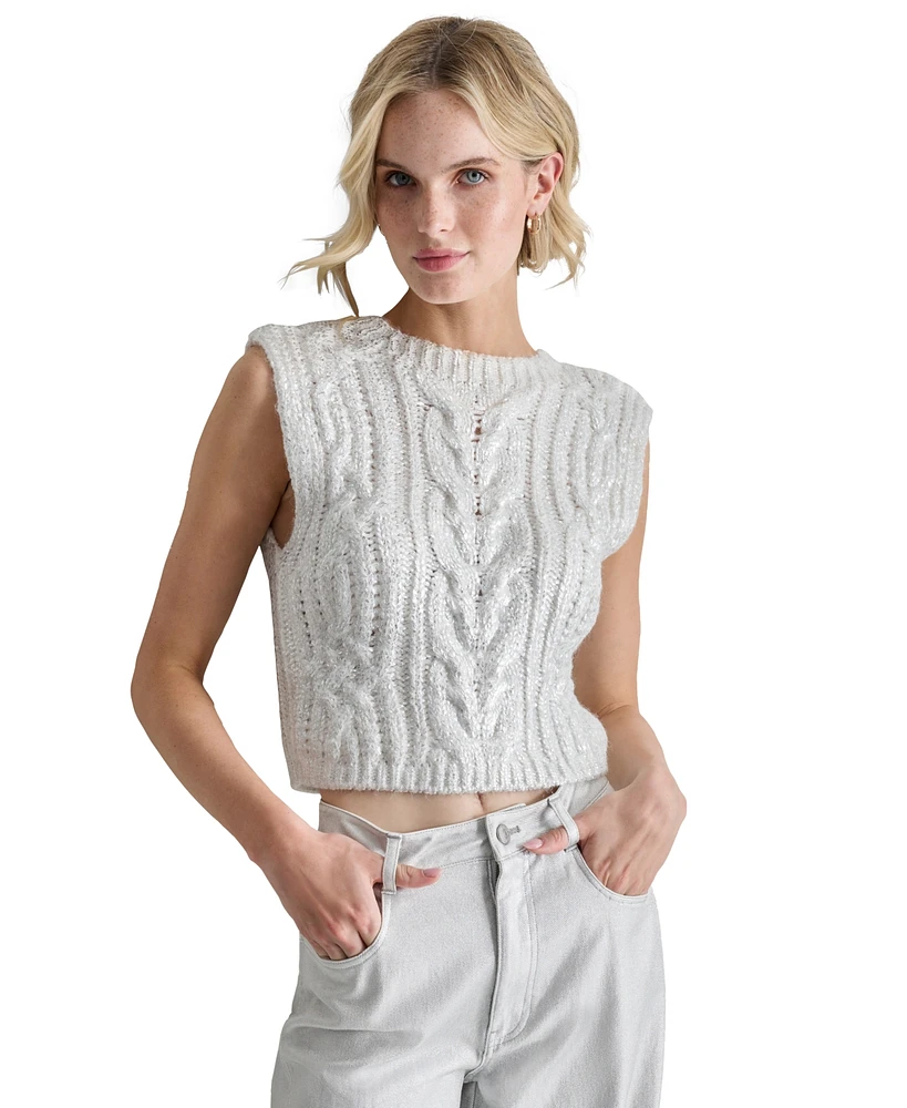 Dkny Jeans Petite Cropped Cable-Knit Metallic-Threaded Sleeveless Sweater