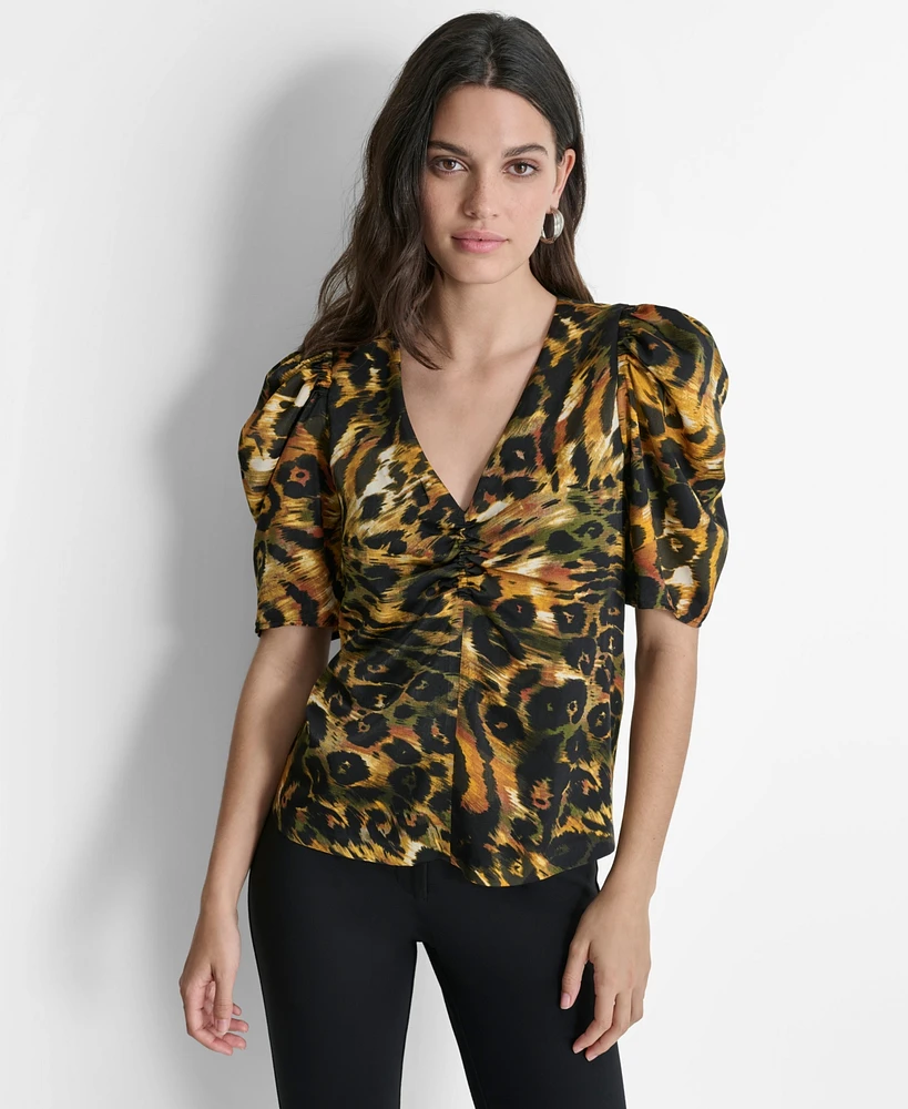 Dkny Women's Printed Puff-Sleeve V-Neck Blouse