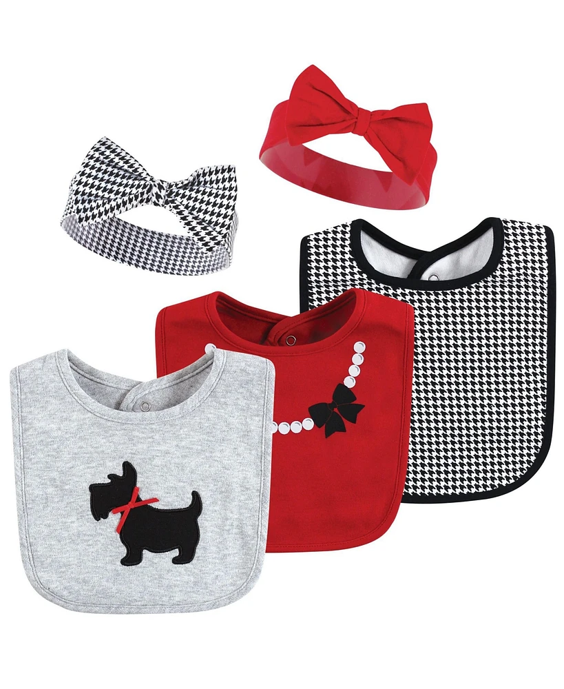 Hudson Baby Infant Girl Cotton Bib and Headband or Caps Set, Scottie Dog, One Size