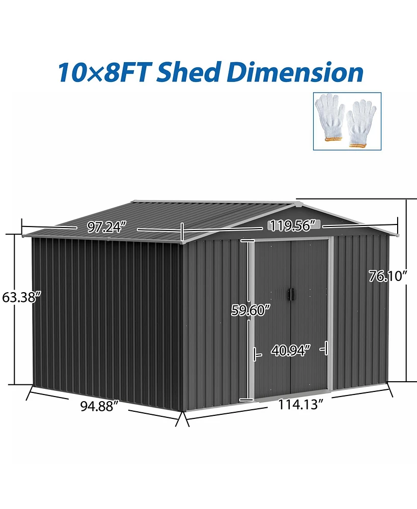 Streamdale Furniture Spacious All-Weather 10x8 Galvanized Steel Storage Shed with Sliding Doors