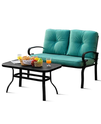 Gymax 2PCS Patio Loveseat & Table Set Conversation Sofa Set w/ Turquoise Cushions