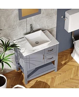 30" Gray Bathroom Vanity And Sink Combo Marble Pattern Top with Mirror Faucet&Dra