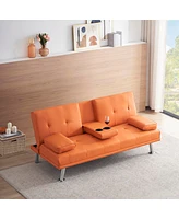 Streamdale Furniture 67" Orange Leather Multifunctional Double Folding Sofa Bed For Office With Coffee Table