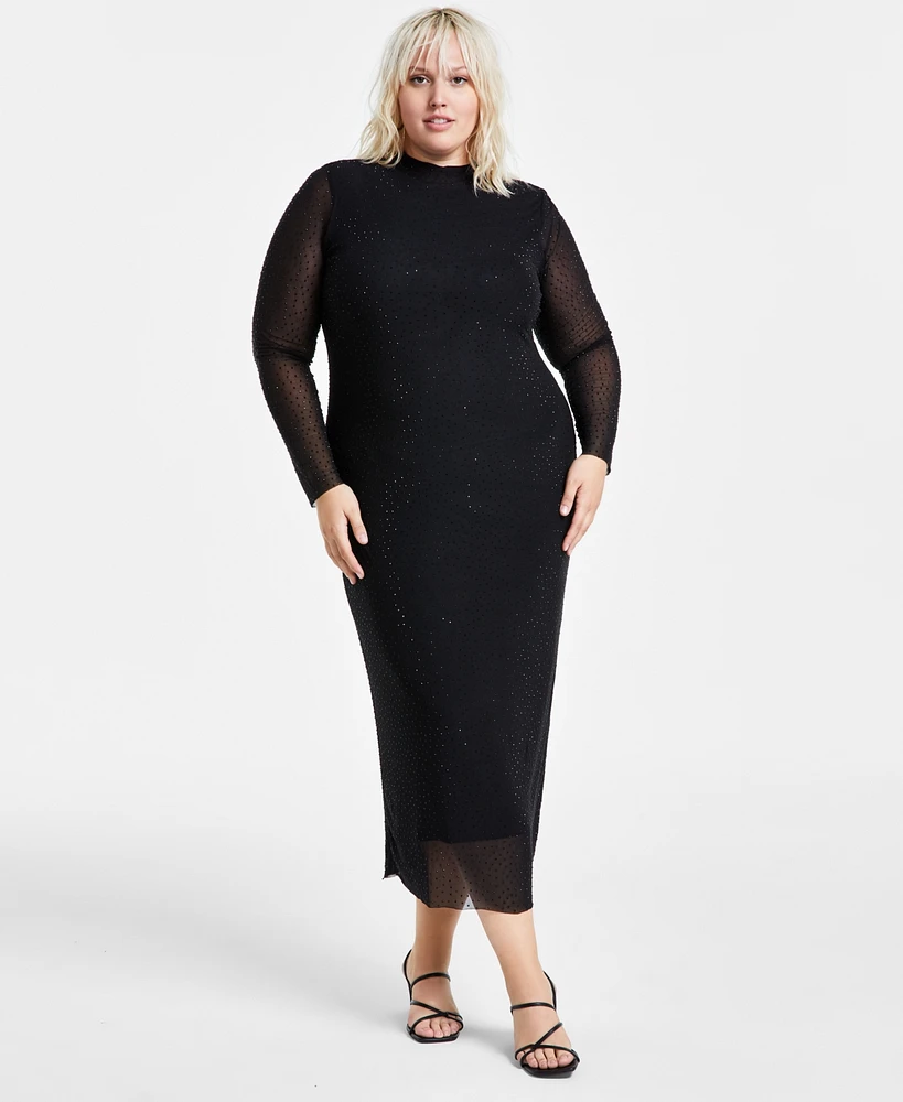 Bar Iii Trendy Plus Embellished Mesh Mock Neck Midi Dress, Created for Macy's