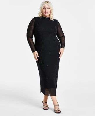 Bar Iii Trendy Plus Size Embellished Mesh Mock Neck Midi Dress, Created for Macy's